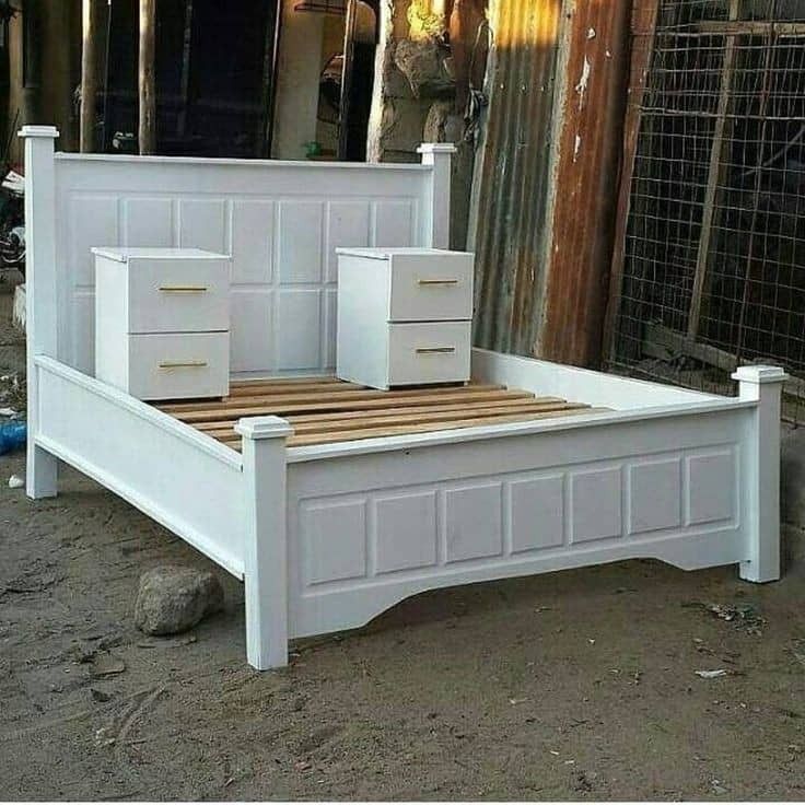White Queen size bed with side drawers